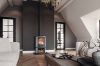 Altech Eclips Depot kachel in moderne woonkamer met brandend vuur en houtvak