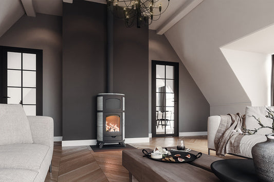 Altech Eclips Gourmet houtkachel in moderne woonkamer met brandend vuur