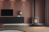 Altech Ecosy Basis houtkachel in moderne woonkamer met brandend vuur