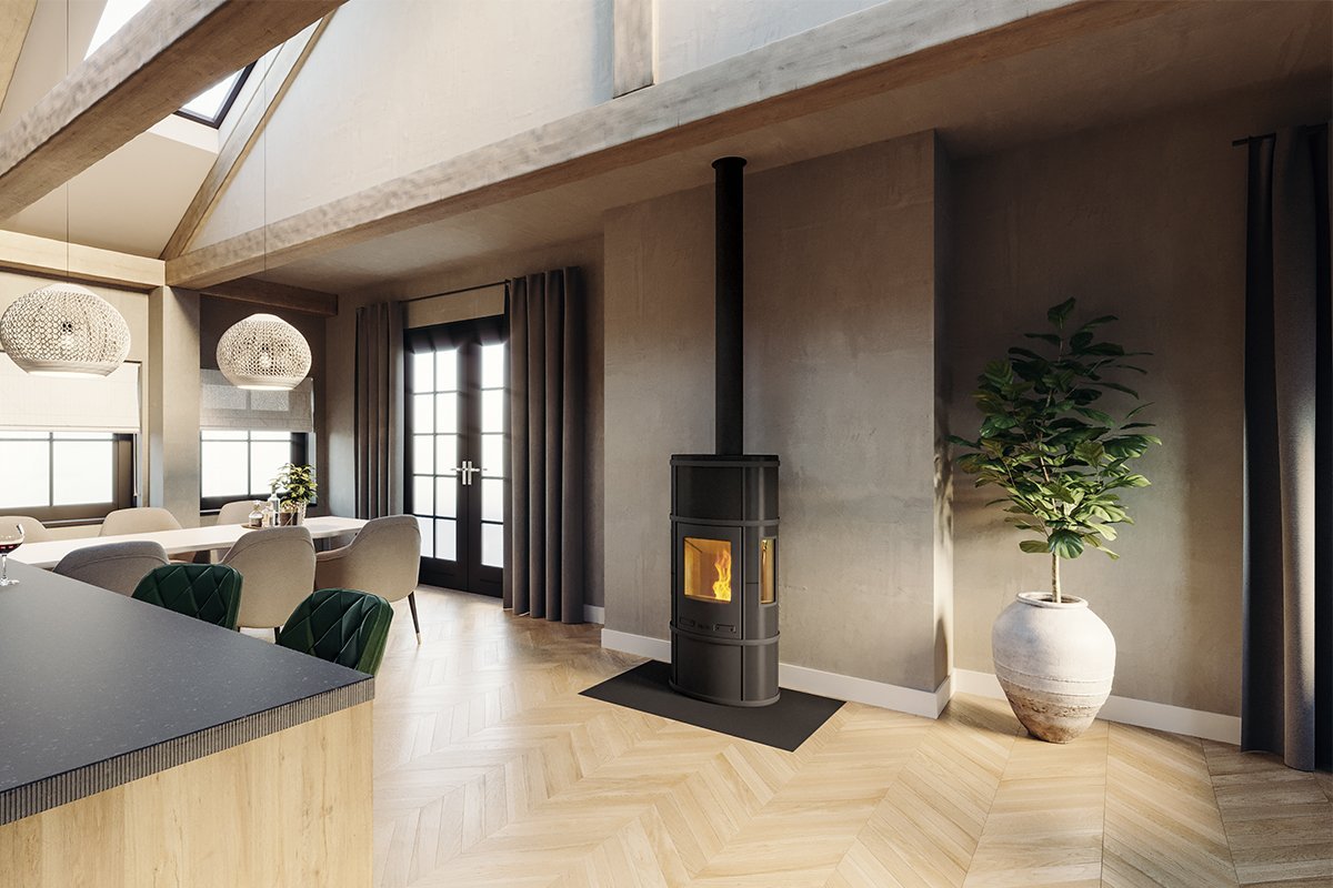 Altech Ecosy Plus Pelletkachel driezijdig in moderne woonkamer met brandend vuur
