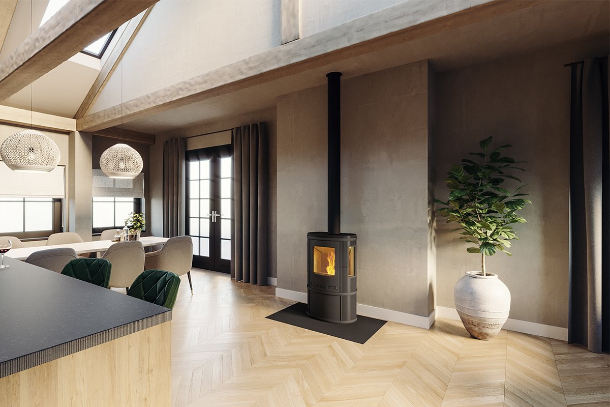 Altech Ecosy pelletkachel in moderne woonkamer met brandend vuur
