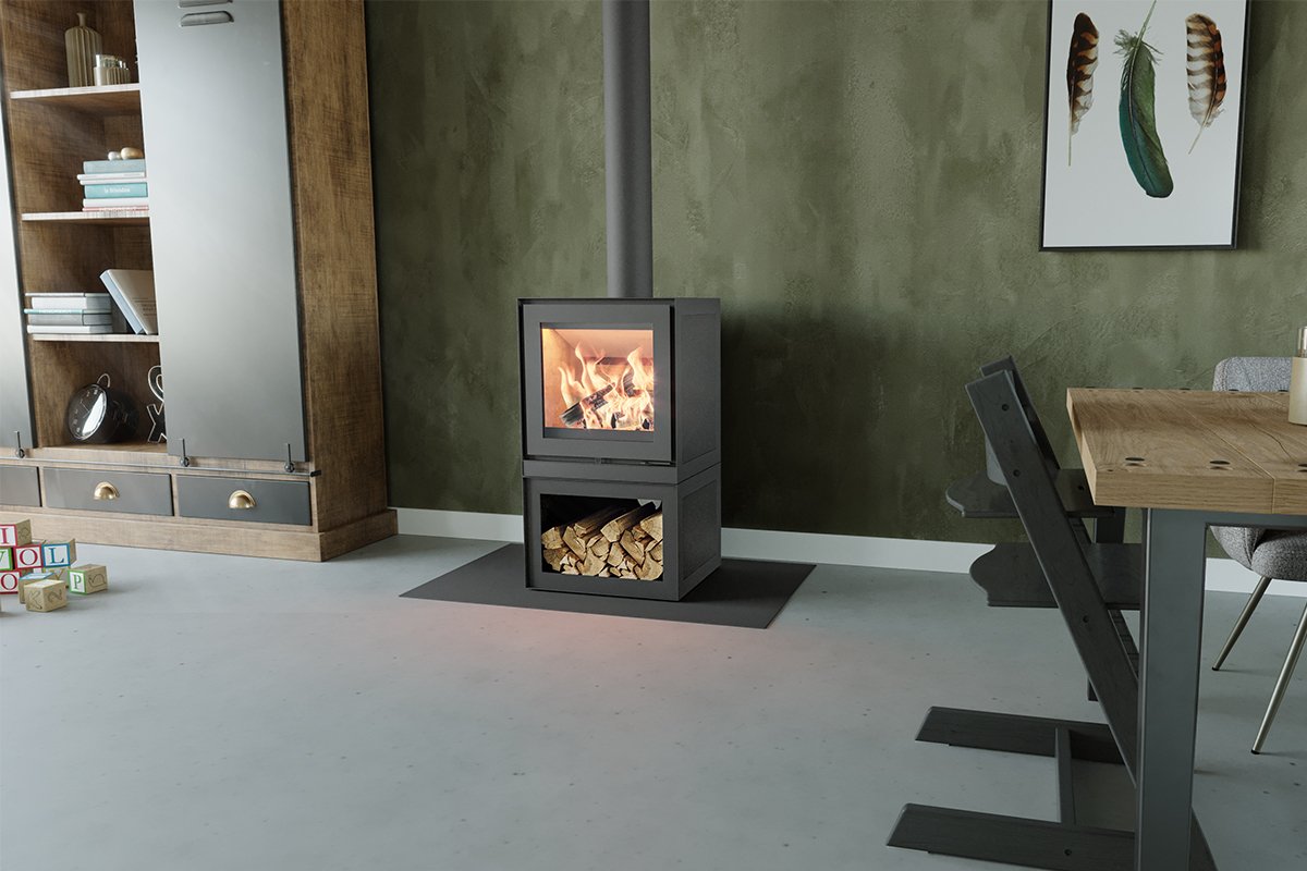 Altech MAX B Depot in moderne woonkamer met brandend vuur en houtopslag