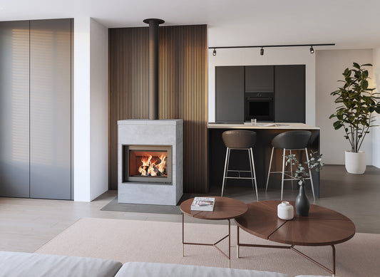 Altech Max Core W-houtkachel brandt in een modern interieur met bar, stoelen en salontafels.