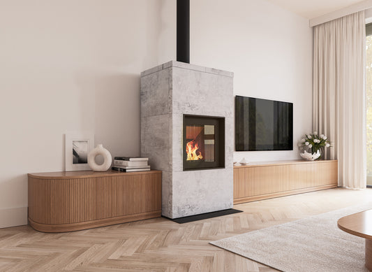 Altech Max Massiv B in moderne woonkamer met brandend vuur