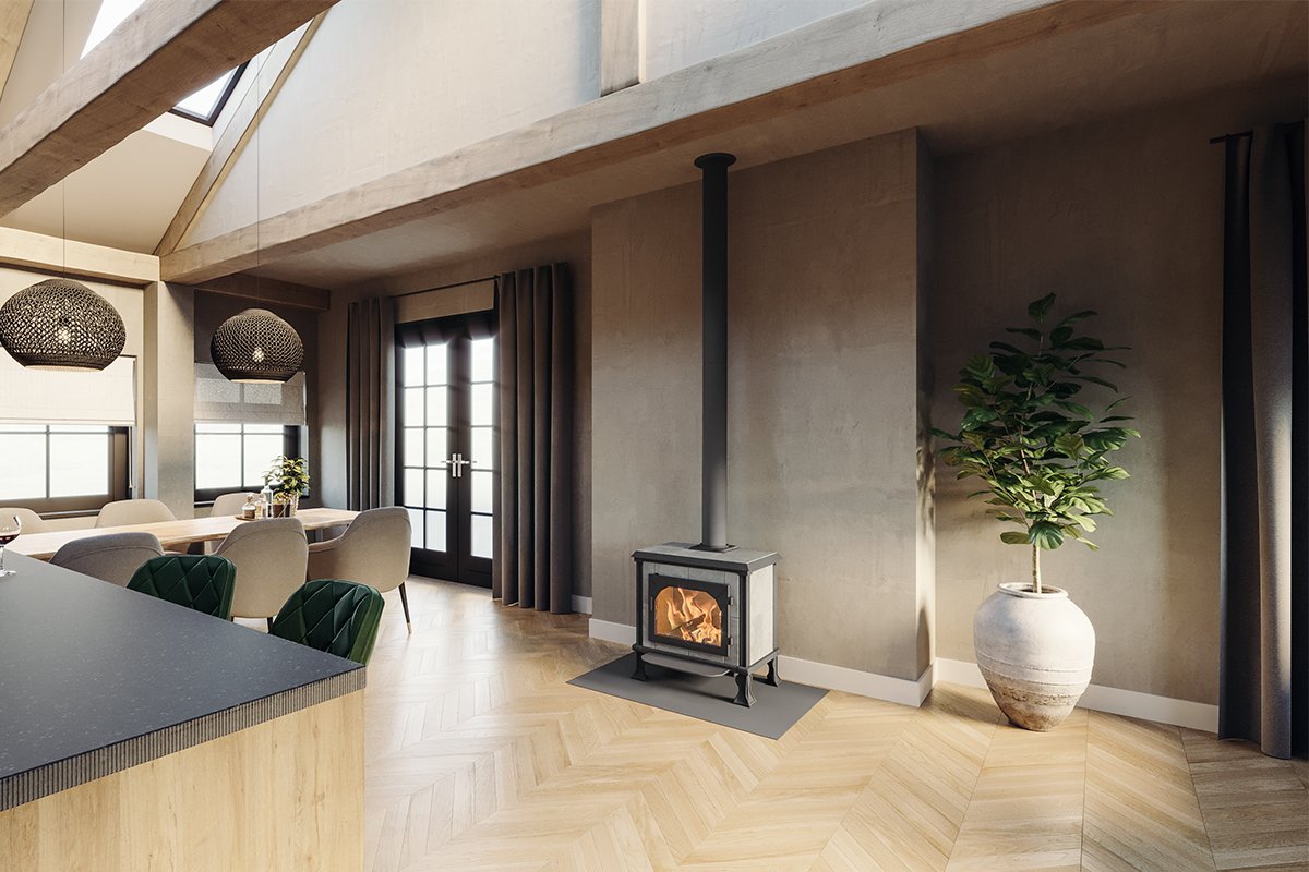 Altech Vision basis in moderne eetkamer met brandend vuur