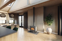 Altech Vision basis in moderne eetkamer met brandend vuur