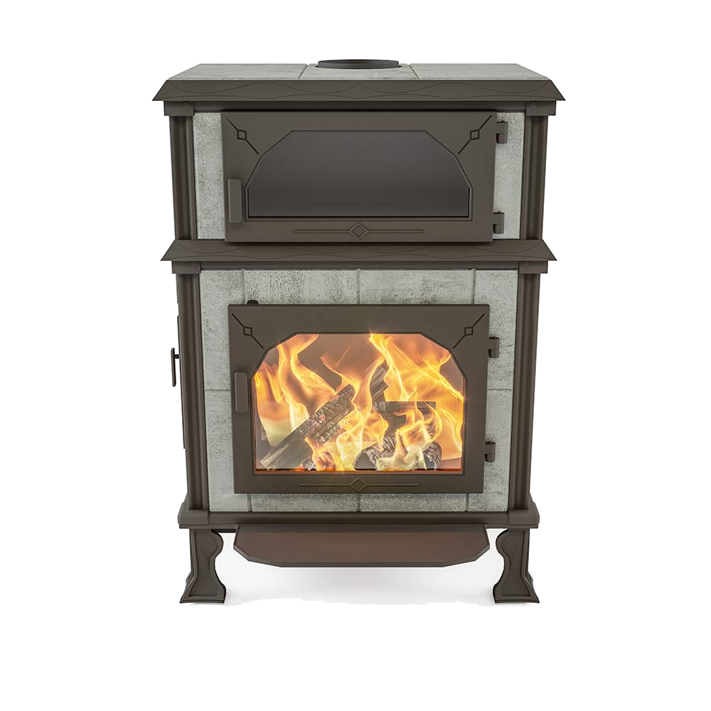 Altech Vision Cook houtkachel met brandend vuur, studio-opstelling