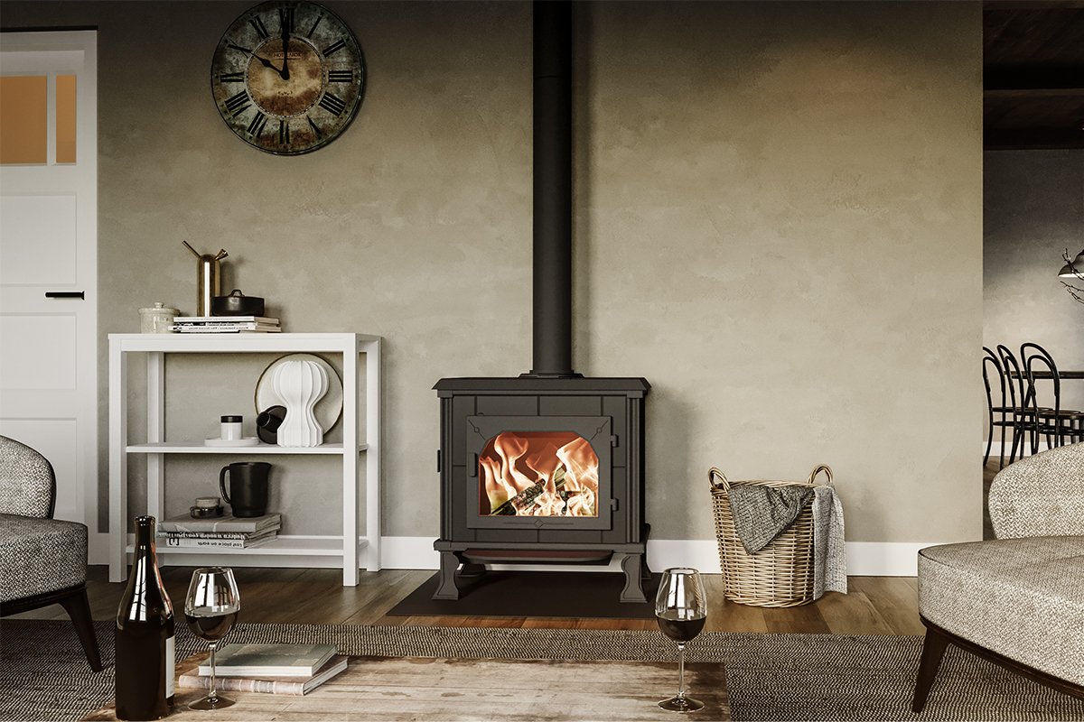 Altech Vision basis houtkachel in woonkamer met brandend vuur