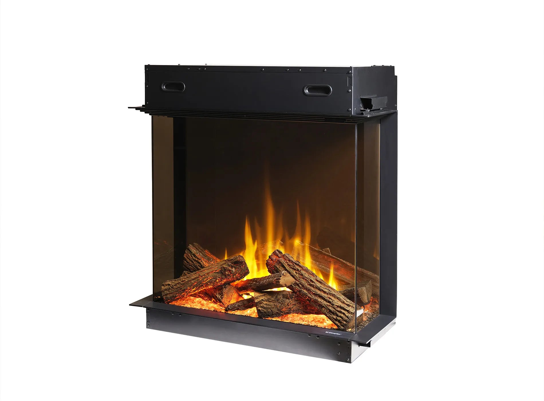 Dimplex Aspire 30 elektrische haard met realistisch vlameffect en houtblokken in een moderne behuizing.
