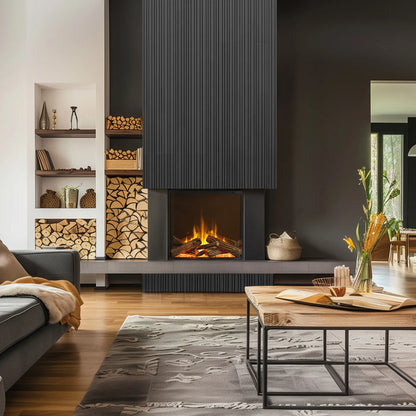 Gezellige woonkamer met Dimplex Aspire 30 haard, houten vloer en moderne inrichting.