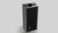 Balstil Akna kachel met donkere stenen zijkanten, ventilatieroosters en bovenliggende rookgasopening op grijze achtergrond.