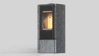 Balstil Akna vrijstaande kachel met natuurstenen bekleding en zichtbaar vuur op grijze achtergrond