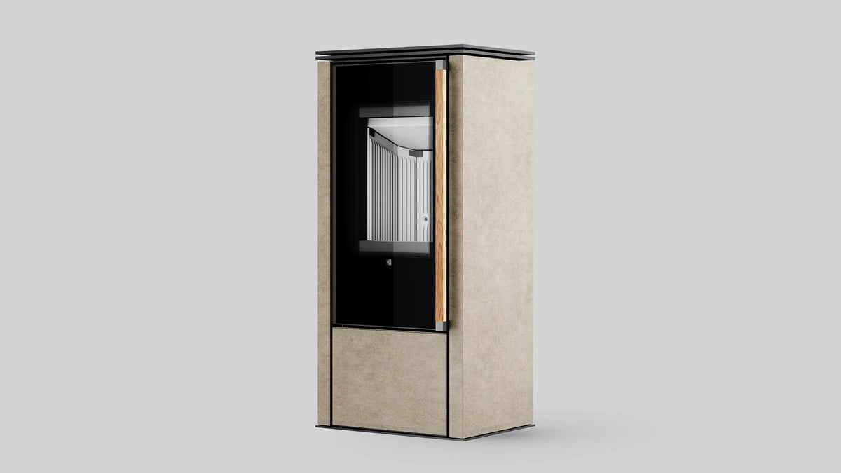 Balstil Akna kachel met beige bekleding, zwart front en houten handgreep
