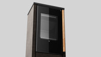 Balstil Akna zwarte haarddeur met groot glasraam en houten handgreep tegen grijze achtergrond