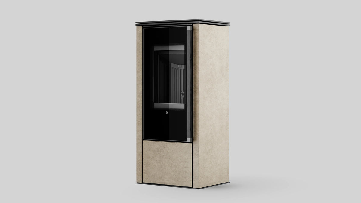Balstil Akna vrijstaande haard met beige bekleding en zwart glazen front op grijze achtergrond