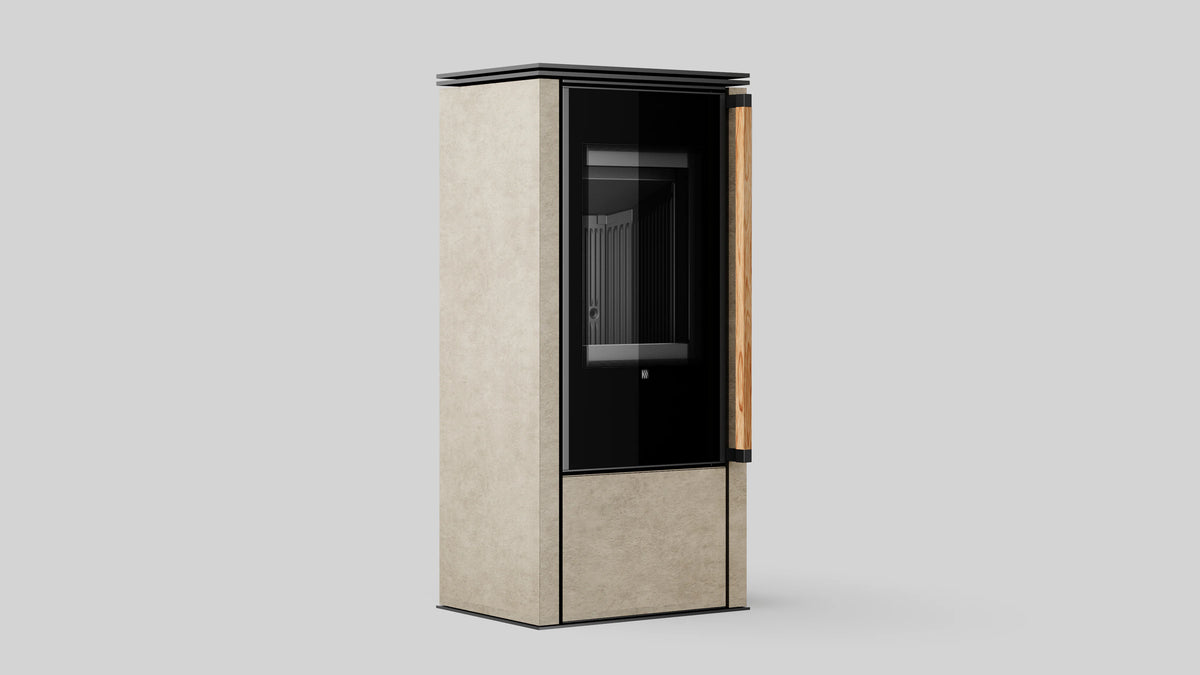 Balstil Akna vrijstaande kachel met beige bekleding, zwarte voorkant en houten handgreep
