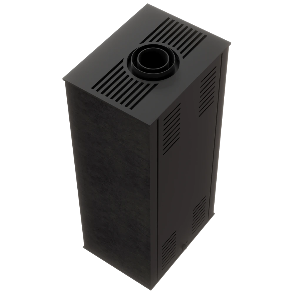 Zwarte Balstil Akna Gas-kachel met ventilatieopeningen en ronde bovenaansluiting op transparante achtergrond