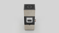 Balstil Axam kachel met beige bekleding, zwart front, glazen deur en houten handgreep