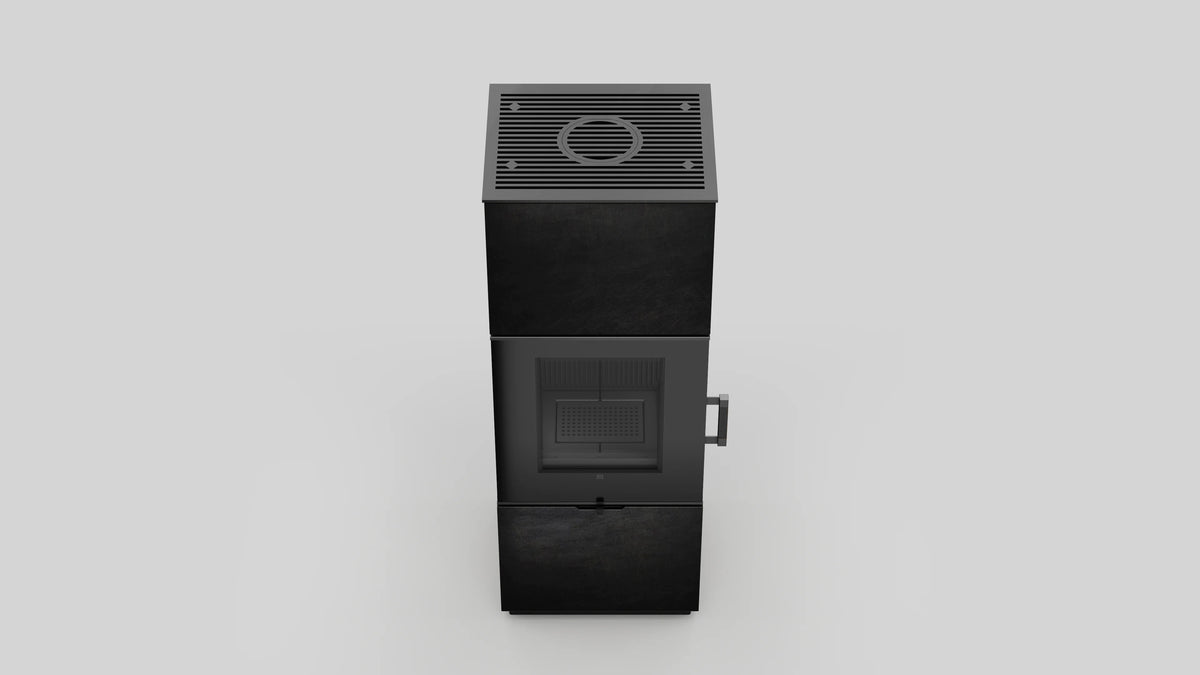 Balstil Axam zwarte kachel met ventilatierooster en deur op neutrale achtergrond