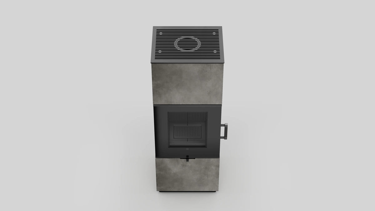 Balstil Axam vrijstaande kachel met ventilatierooster, deur en handgreep op grijze achtergrond