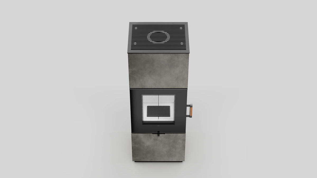 Balstil Axam kachel met glazen deur, ventilatierooster en houten handgreep op grijze achtergrond