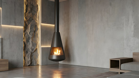 Balstil Bell hangende haard met brandend vuur in een modern interieur