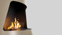 Balstil Bell haard met brede vlammen achter glazen scherm