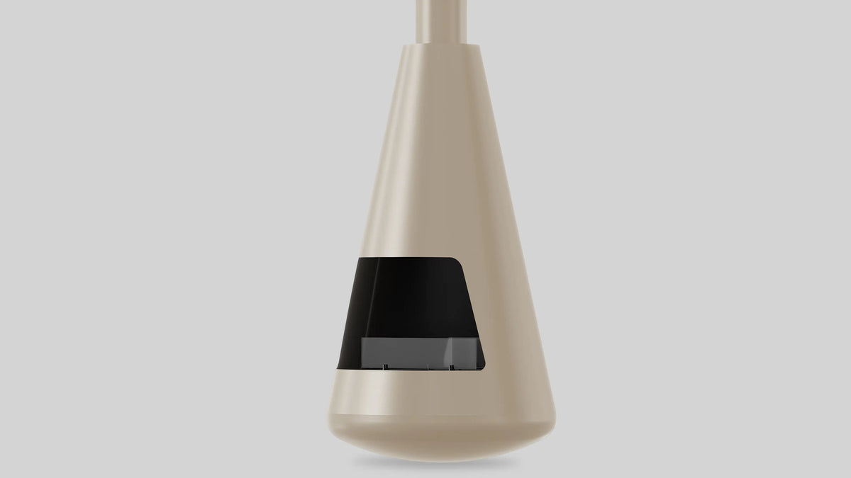 Balstil Bell hangende beige haard met zwarte glazen ruit op grijze achtergrond