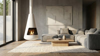 Balstil Bell hangende witte haard met vlammen in een moderne woonkamer