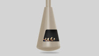 Balstil Bell hangende haard in beige met zwarte haardopening en brandende vlammen