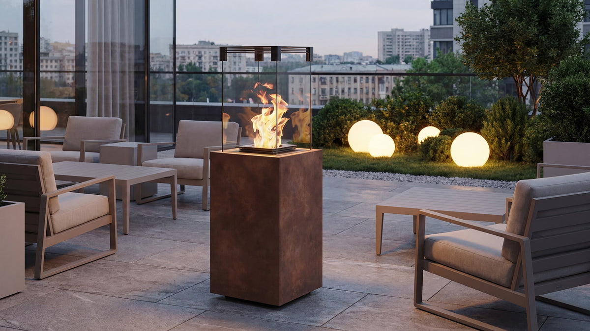 Balstil Falo vuurtafel met vlammen op een terras tussen tuinmeubilair