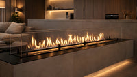 Balstil FF 1500 met lange vlammen en glazen windscherm in een moderne woonkamer