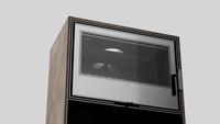 Close-up van het Balstil Forli 95-kachelfront met glazen deur en houten zijpanelen