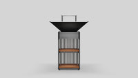 Balstil Grill Chef grill op studioachtergrond met zwarte kuip en houten legplanken