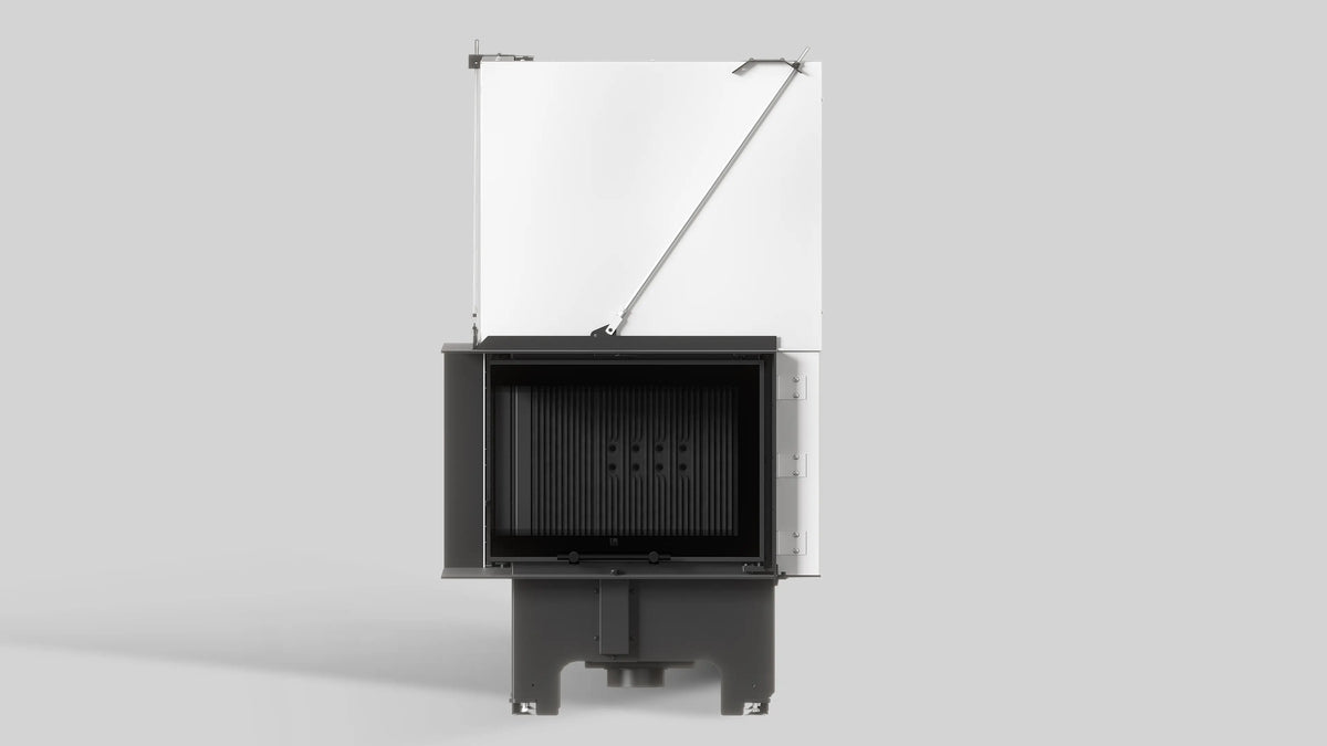 Balstil Milano 610/430 inbouwhaard met openstaande glazen deur op grijze studioachtergrond