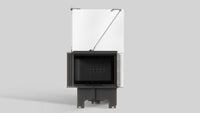 Balstil Milano 610/430 inbouwhaard met openstaande glazen deur op grijze studioachtergrond