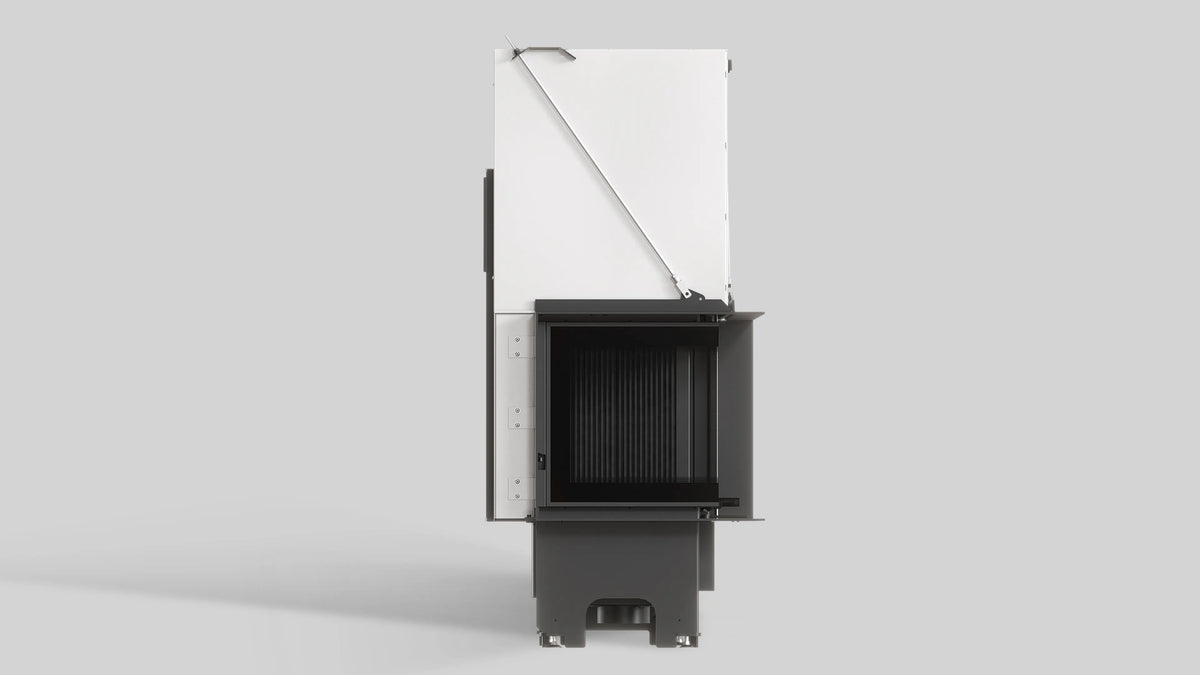 Balstil Milano 610/430 haardinzet met open front en zichtbaar zwart verbrandingscompartiment op grijze achtergrond