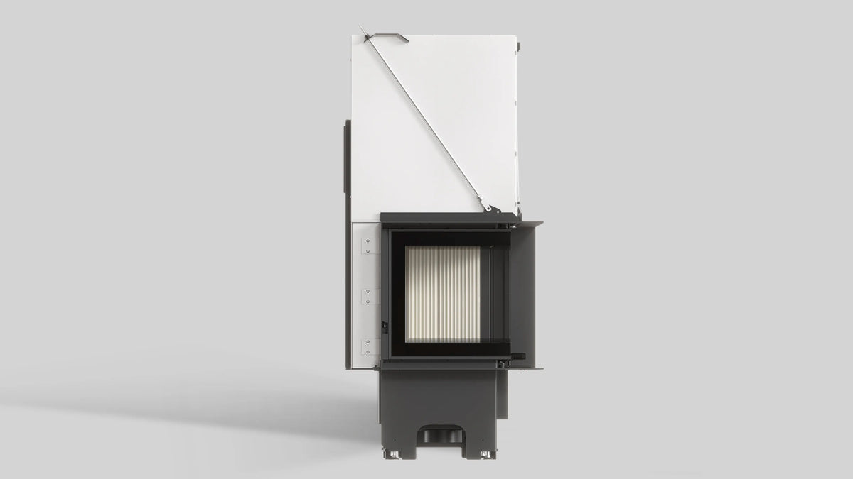 Balstil Milano 610/430 inbouwhaard met zwarte vuurkamer en witte behuizing op grijze studioachtergrond