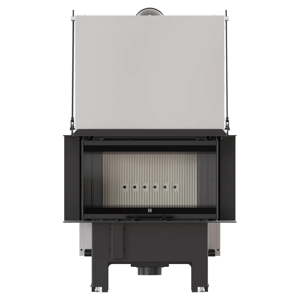 Balstil Milano 680/280 inbouwhaard met omhooggeschoven glazen front op witte achtergrond