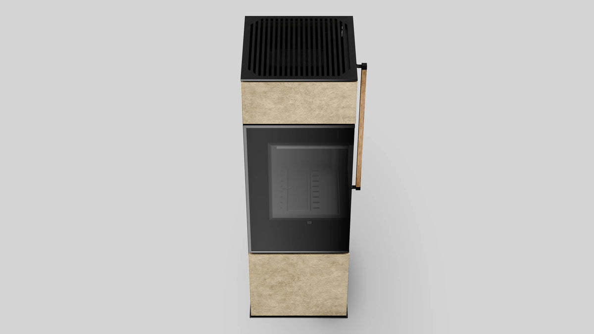 Balstil Modena S E/A kachel met beige bekleding en houten handgreep op grijze achtergrond
