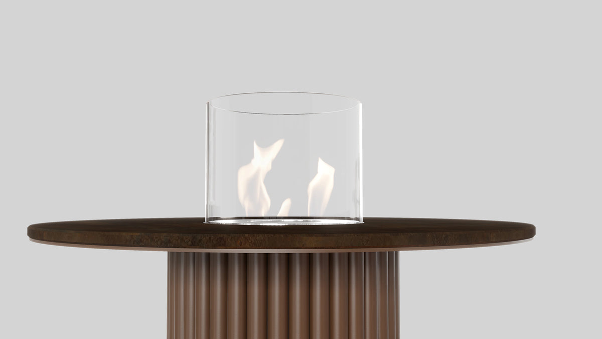 Balstil Table Core tafelhaard met brandende vlammen achter glazen windscherm