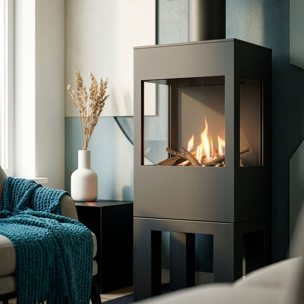Wanders Onyx Original gaskachel met brandend vuur in een stijlvolle woonkamer
