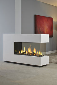 DRU Metro 100XTU Eco Wave haard in moderne woonkamer met vlammen