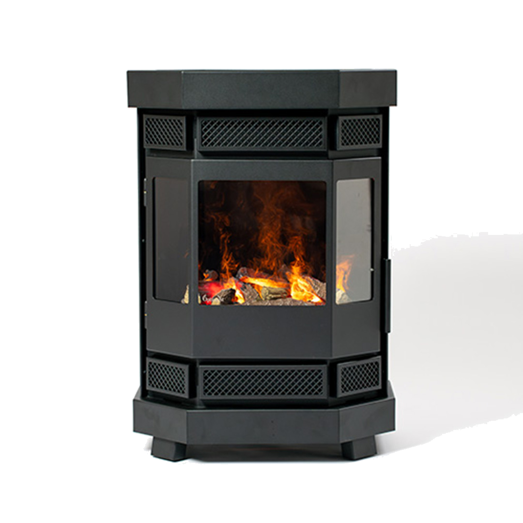 Duroflame Batavia E400 houtkachel met zicht op brandende vlammen
