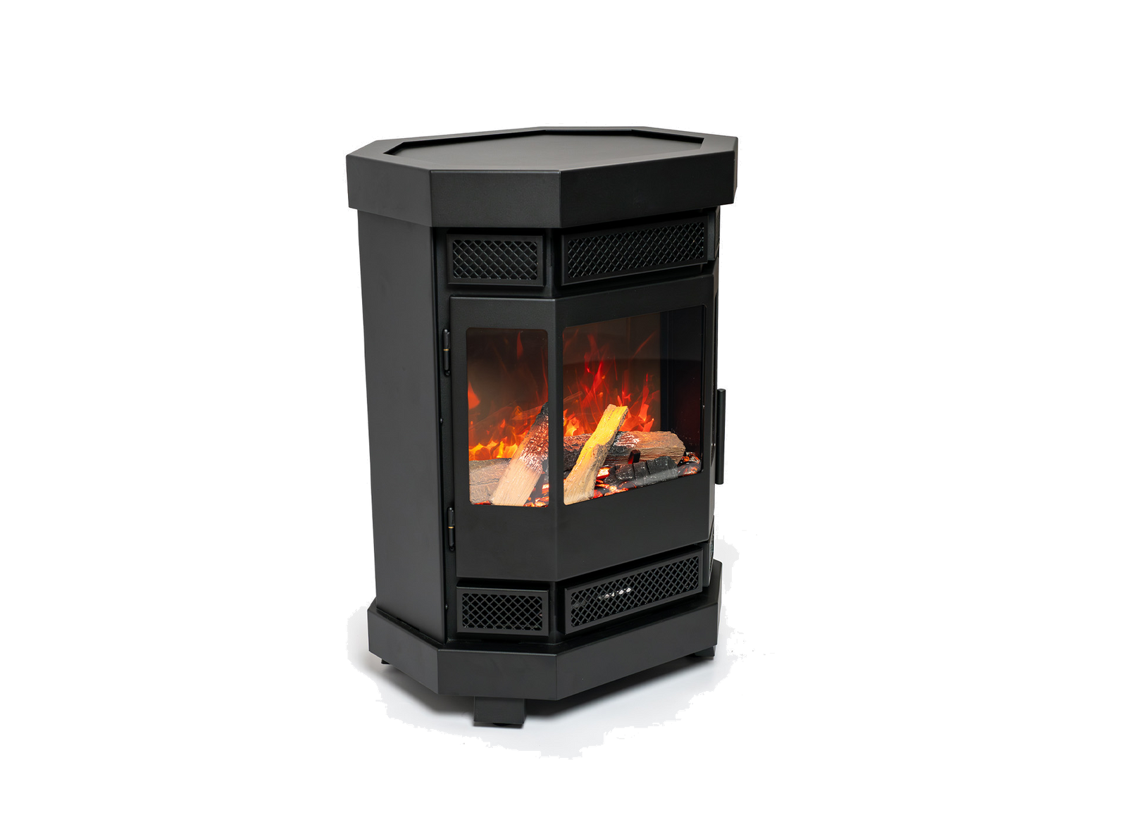 Duroflame Batavia E500 haardkachel met zicht op vlammen, op witte achtergrond