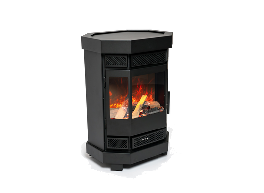 Duroflame Batavia E500 haardkachel met zicht op vlammen, op witte achtergrond