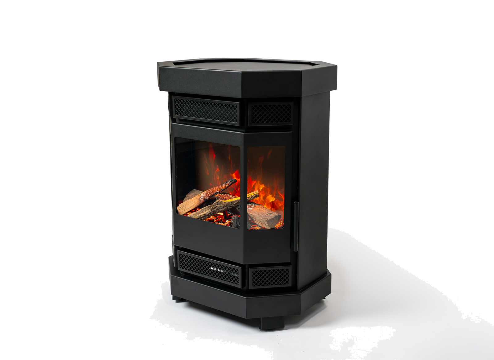 Duroflame Batavia E500 zwarte kachel met zichtbaar vuur op witte achtergrond