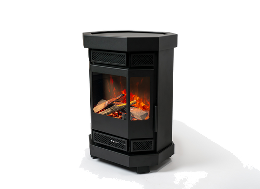 Duroflame Batavia E500 zwarte kachel met zichtbaar vuur op witte achtergrond