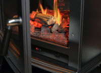 Dimplex Belgravia met brandende houtblokken en bedieningspaneel