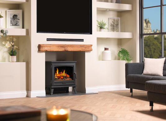 Dimplex Belgravia haardkachel in moderne woonkamer met brandend vuur